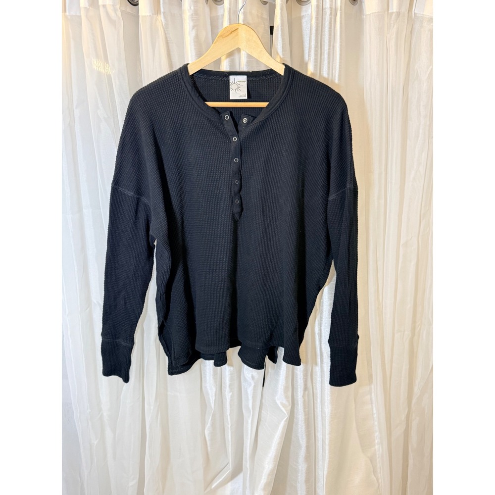 OFFLINE by Aerie Henley Top Womens L Black Waffle Knit Long Sleeve Snap Button